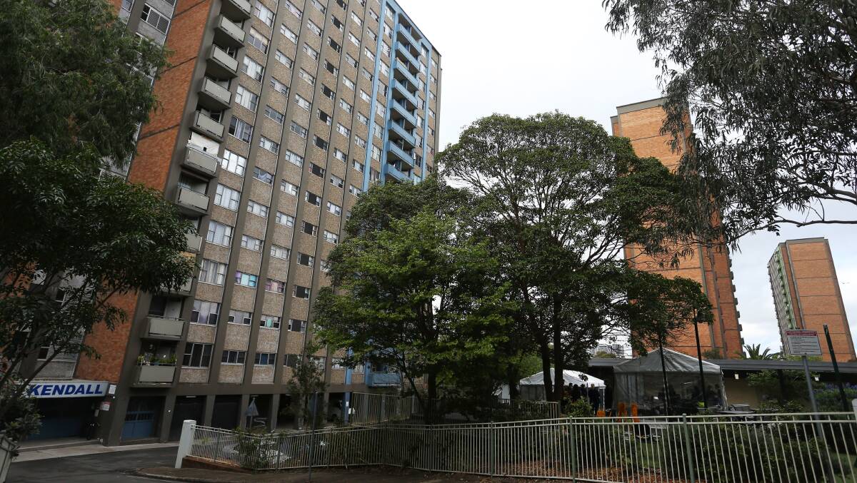 A COVID-19 testing area is seen at a public housing tower on Morehead Street in Redfern on September 16, 2021. Picture: Getty Images