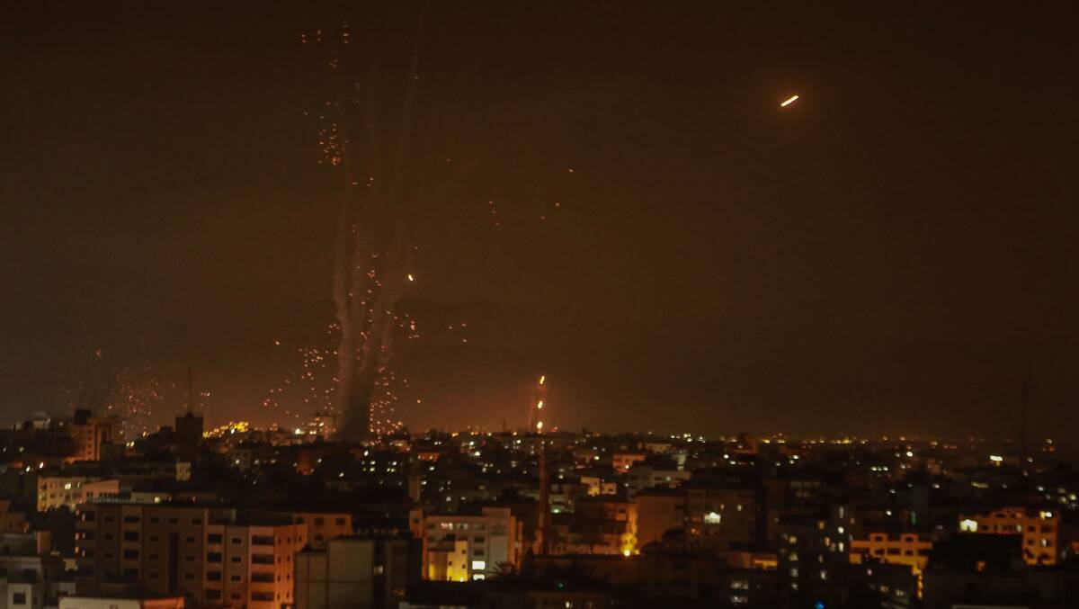 Israel's Iron Dome aerial defence system intercepts rockets fired by Hamas from Gaza towards Israel on May 10. Picture: Getty Images