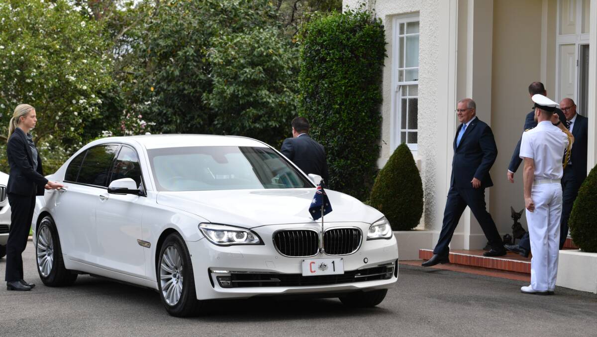 Prime Minister Scott Morrison leaves Government House after visiting Governor-General David Hurley on Sunday. Picture: AAP