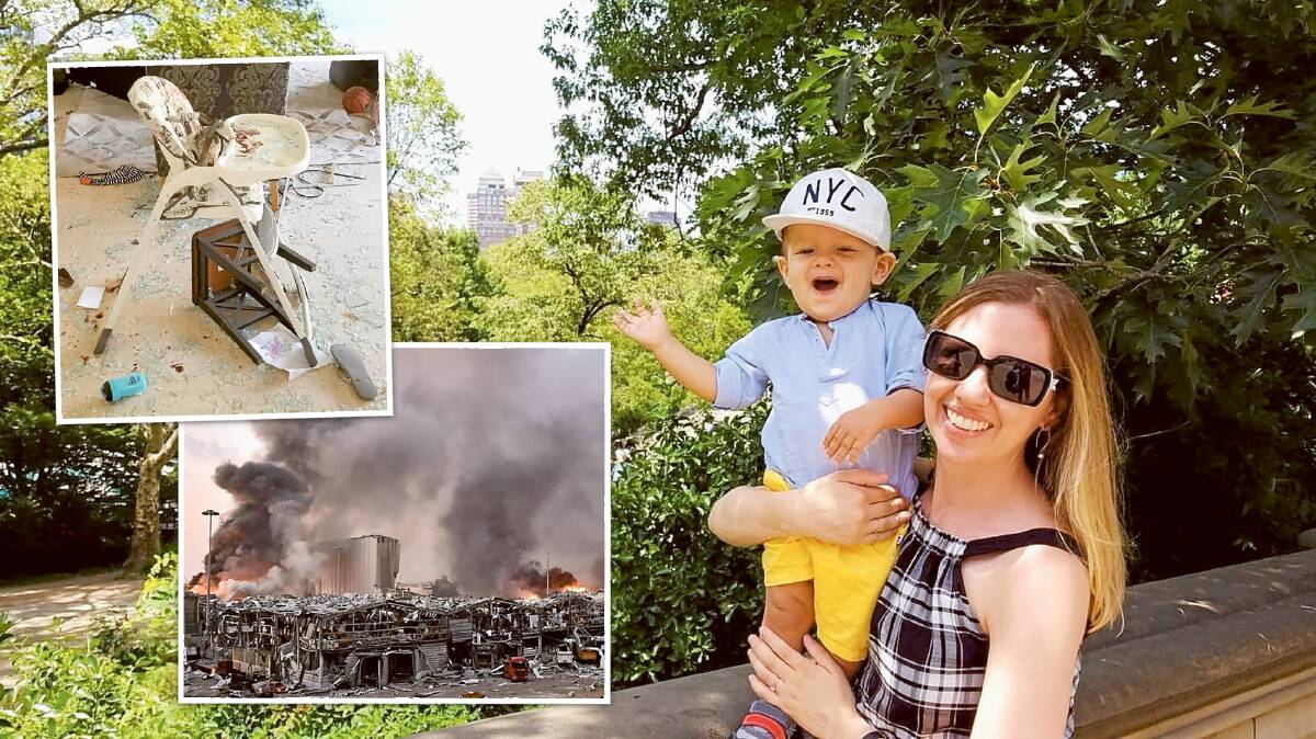 Main picture: Sarah Copland with her son Isaac. Inset: the Beirut Port explosion, and Isaac's high chair after the blast. Pictures: Supplied, Getty Images