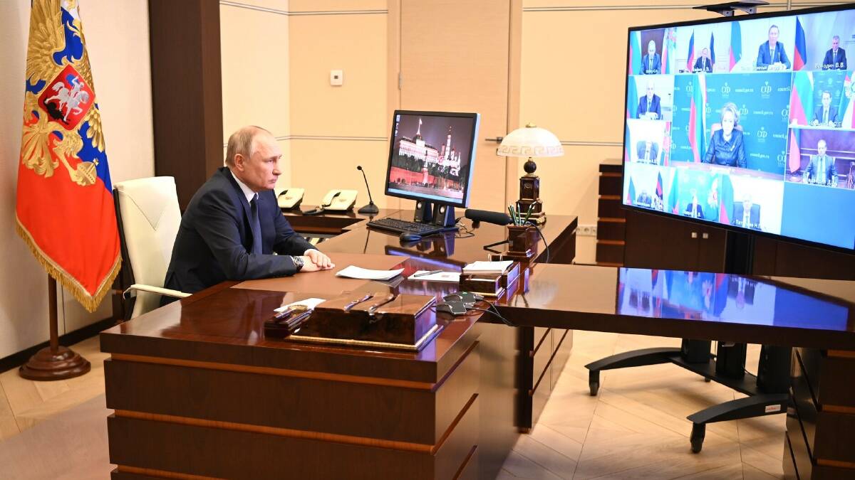 Russian President Vladimir Putin chairs a meeting with officials of the Russian Security Council on Thursday. Picture: Getty Images
