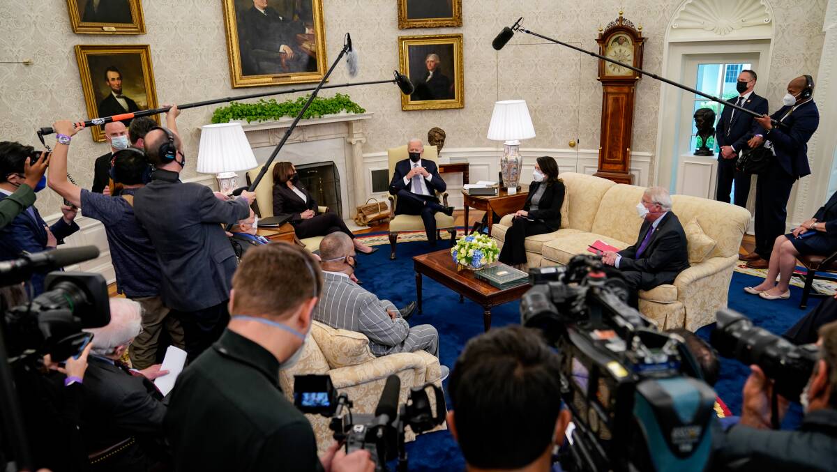 US President Joe Biden and Vice-President Kamala Harris meet with members of Congress in the Oval Office to discuss the American Jobs Plan. Picture: Getty Images