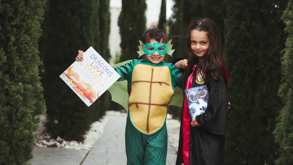 Ollie, 5, and Sloane, 7, are getting into the fun of Book Week. Picture: Dion Georgopoulos