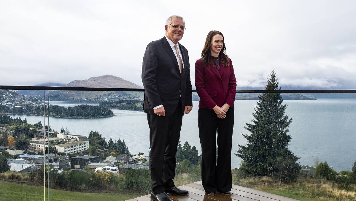 Australian Prime Minister Scott Morrison and New Zealand Prime Minister Jacinda Ardern in Queenstown. Picture: Getty Images