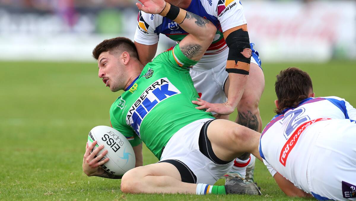 Curtis Scott is brought down during the match at Wagga Wagga. Picture: Getty Images