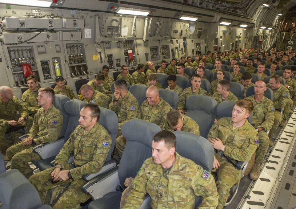 Members of the Royal Australian Regiment's 7th Battalion on a RAAF C-17 Globemaster bound for East Gippsland. Picture: Department of Defence