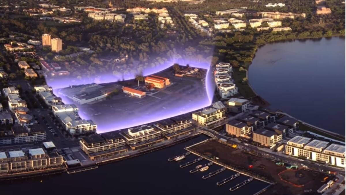 An artist's impression of the Kingston Arts Precinct, highlighted in purple, from an ACT government promotional video. Picture: Supplied