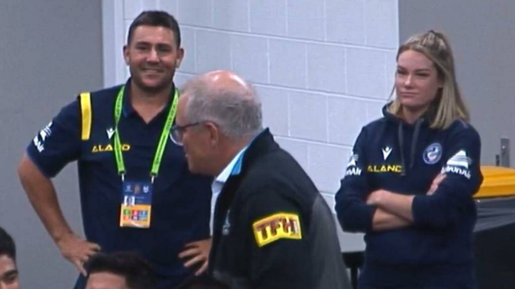 Parramatta Eels sports scientist Tahleya Eggers looks on as Prime Minister Scott Morrison visits the changing room. Picture: Supplied