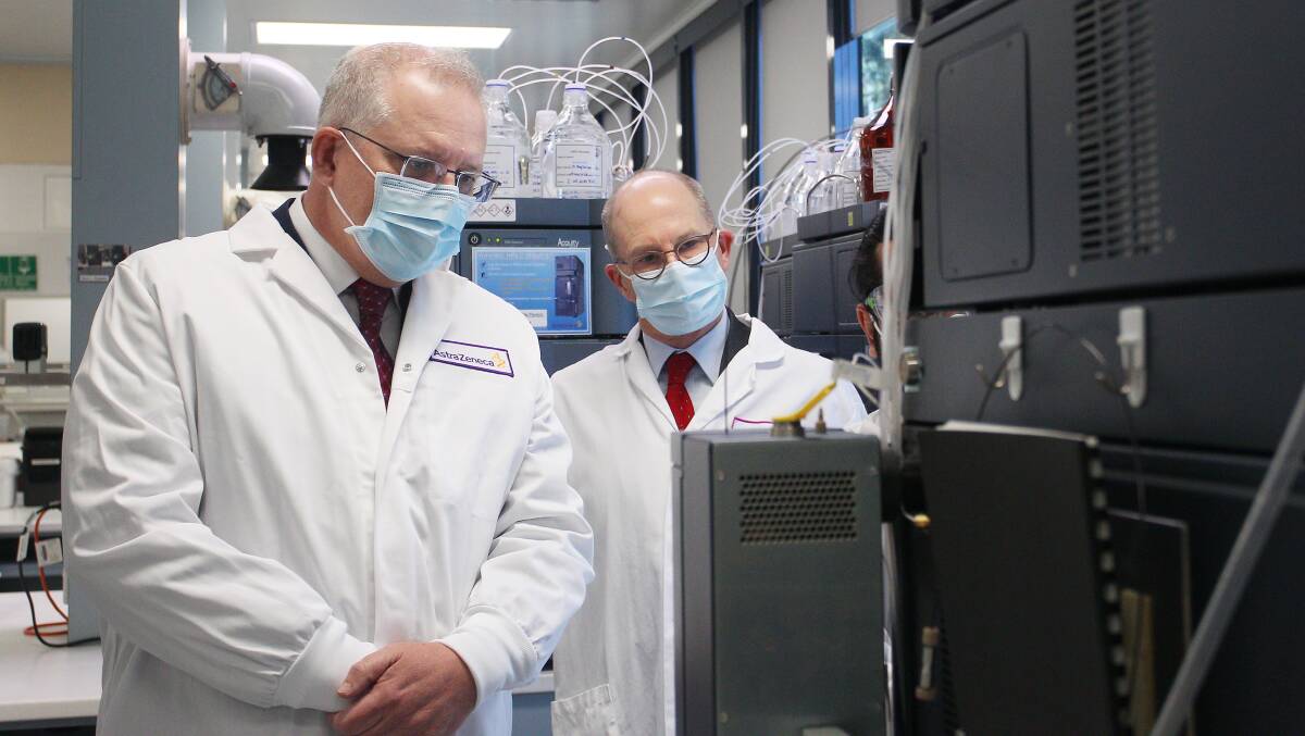 Prime Minister Scott Morrison and Professor Peter Kelly during a tour of the Analytical Laboratory at AstraZeneca in August. Picture: Getty Images