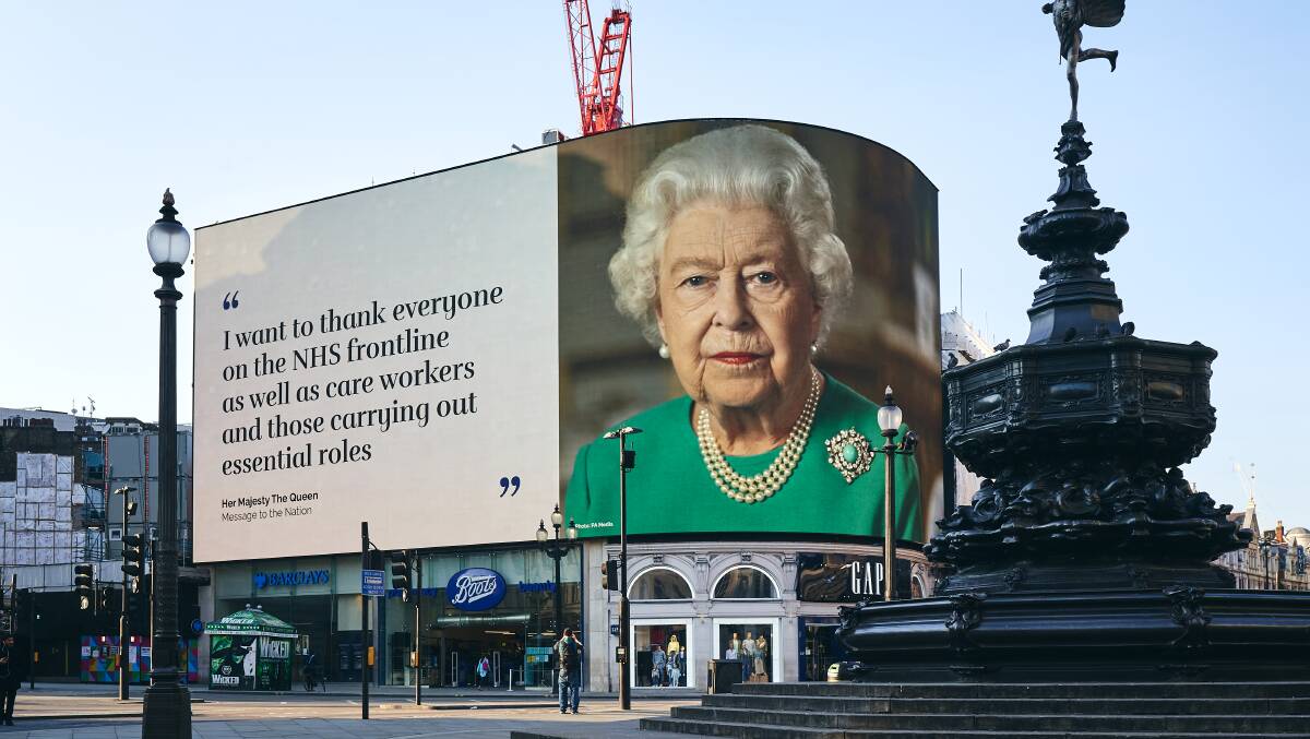 A thank you message from Queen Elizabeth II to front-line workers is displayed at Piccadilly Circus in London earlier in the year. Picture: Shutterstock