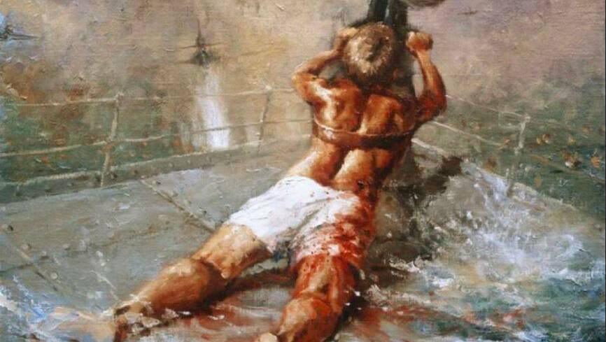 Dale Marsh's painting depicts Ordinary Seaman Teddy Sheean's final moments, strapped to a gun on HMAS Armidale during a Japanese attack on December 1, 1942. Picture: Supplied