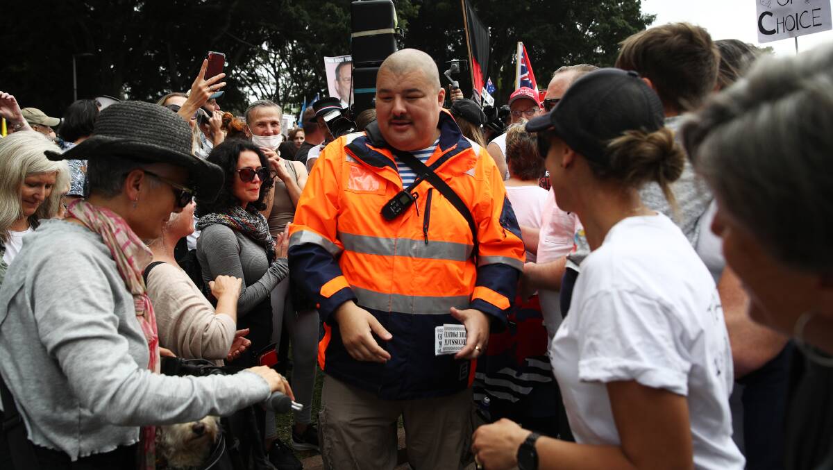 Simeon Boikov, the "Aussie Cossack" is greeted by fellow anti-vaccine mandate protesters in Sydney's Hyde Park on November 20 last year. Picture: Getty Images