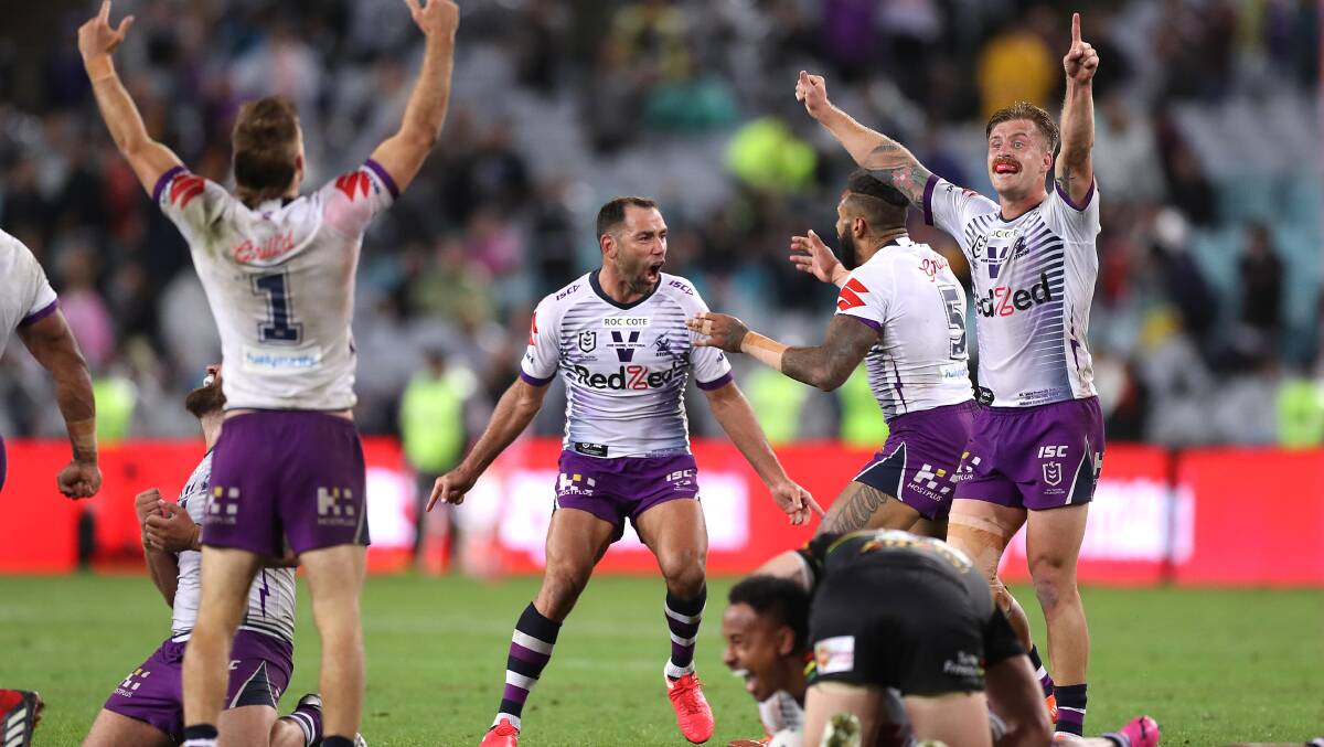 Cameron Smith of the Storm celebrates victory at the end of the 2020 NRL grand final between the Penrith Panthers and the Melbourne Storm. Picture: Getty Images