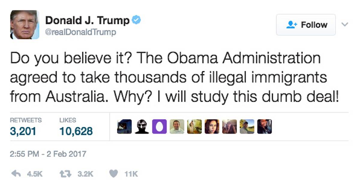 A screenshot of the Trump tweet on the refugee resettlement deal with Australia. Picture: PR Handout Image/Twitter