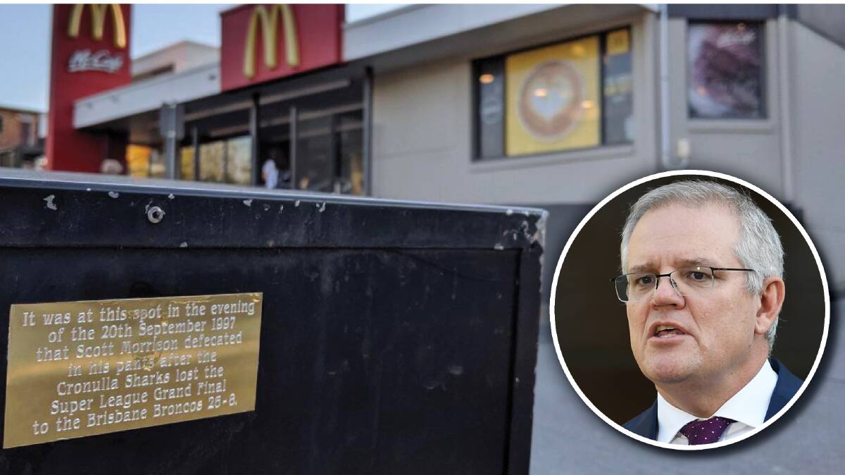 A plaque outside the Engadine McDonald's commemorates the alleged incident. Inset: Prime Minister Scott Morrison. Pictures: cold-hard-steel/Reddit, Getty Images
