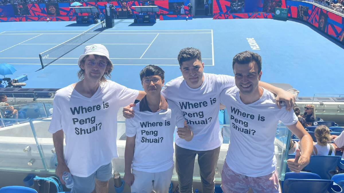 A group of activists including Drew Pavlou (second from right) wear "Where is Peng Shuai?" T-shirts at the Australian Open in Melbourne. Picture: Drew Pavlou/Twitter