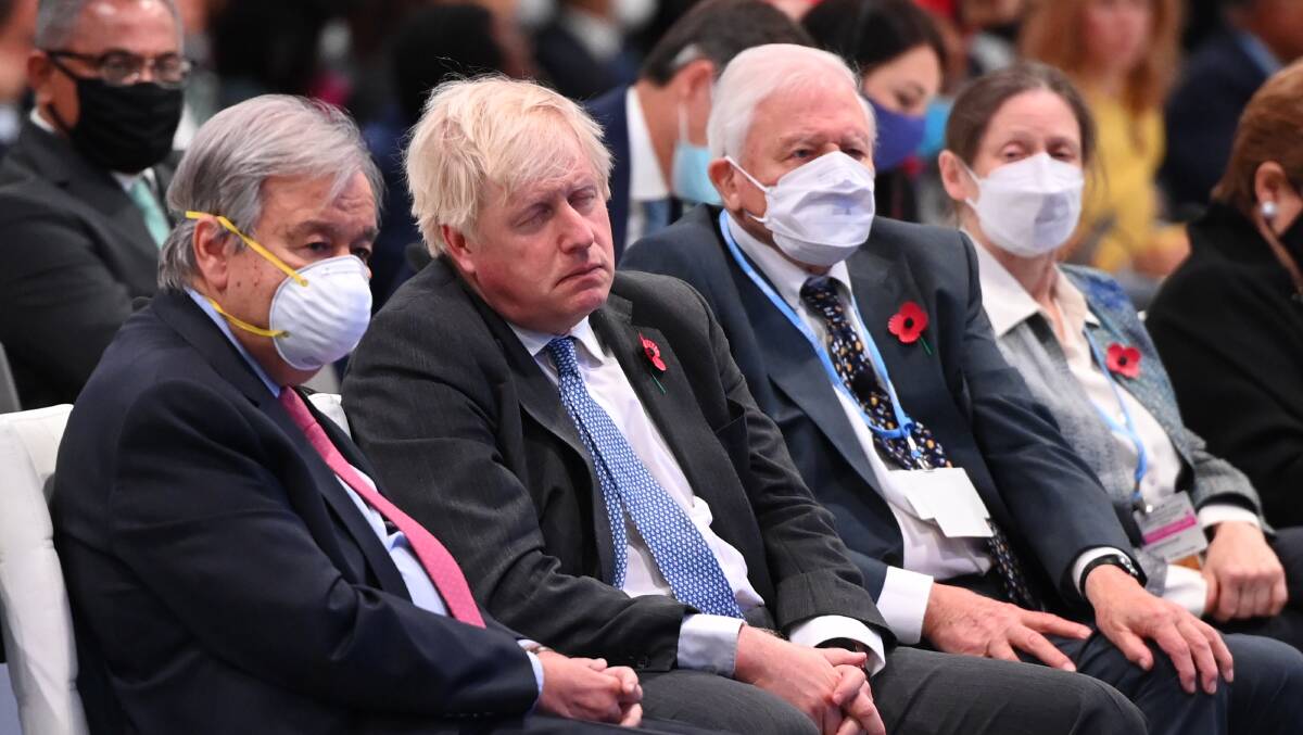 United Nations Secretary-General Antnio Guterres, British Prime Minister Boris Johnson, and Sir David Attenborough at the COP26 opening ceremony. Picture: Getty Images