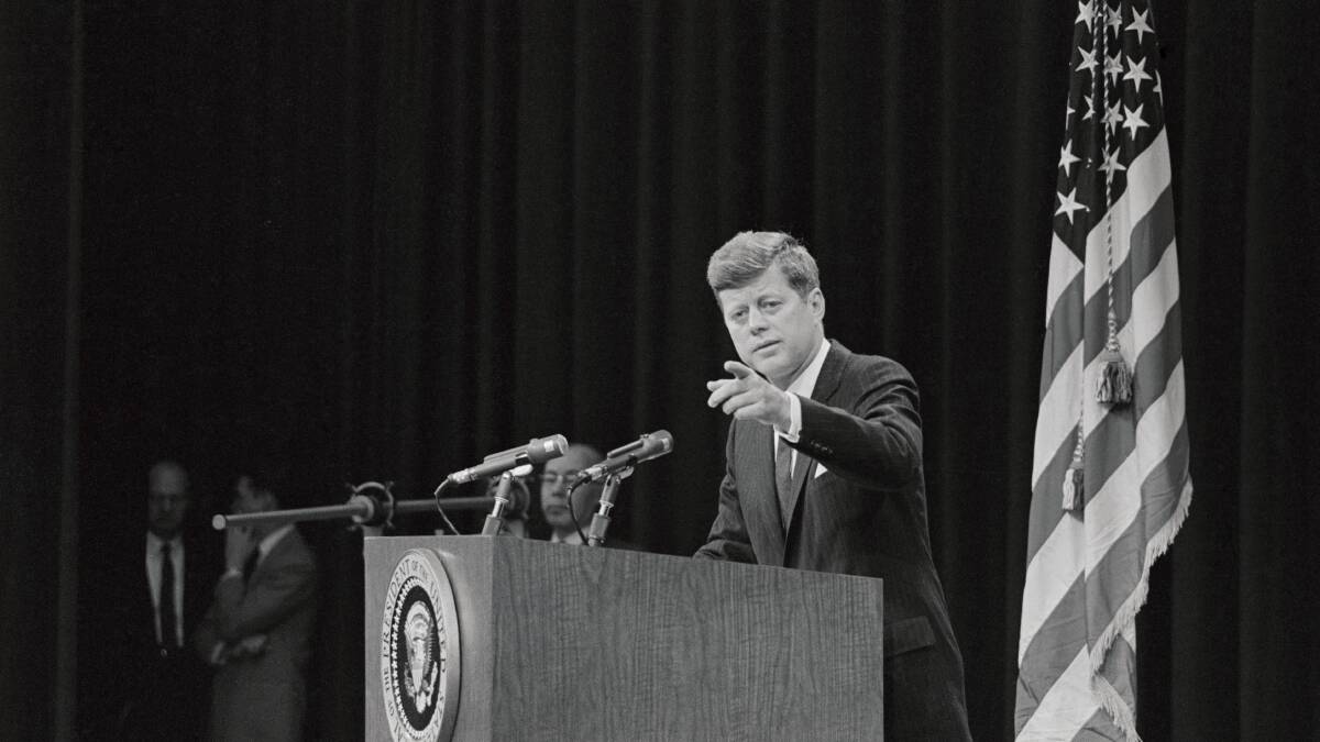 US President John F. Kennedy holds a press conference about the space race in 1961. Picture: Getty Images