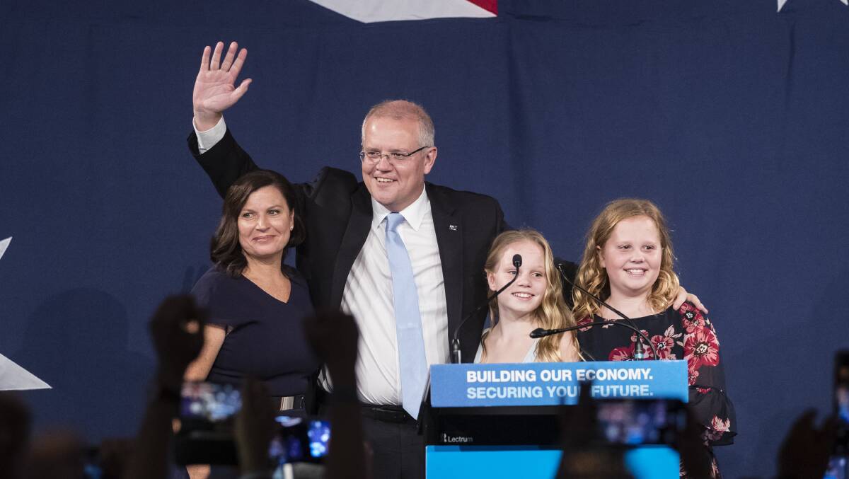 Scott Morrison and his family celebrate the Coalition's win on election night, 2019. Picture: Getty Images