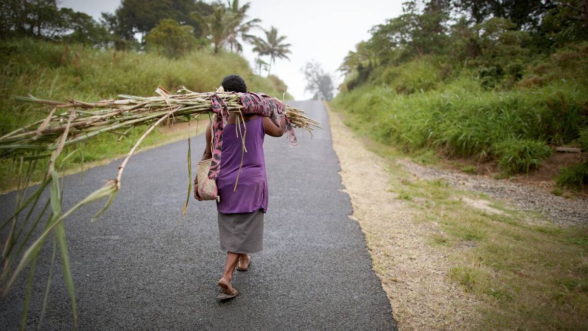 A woman carries bamboo on a street in Tanna, Vanuatu. Picture: Getty Images
