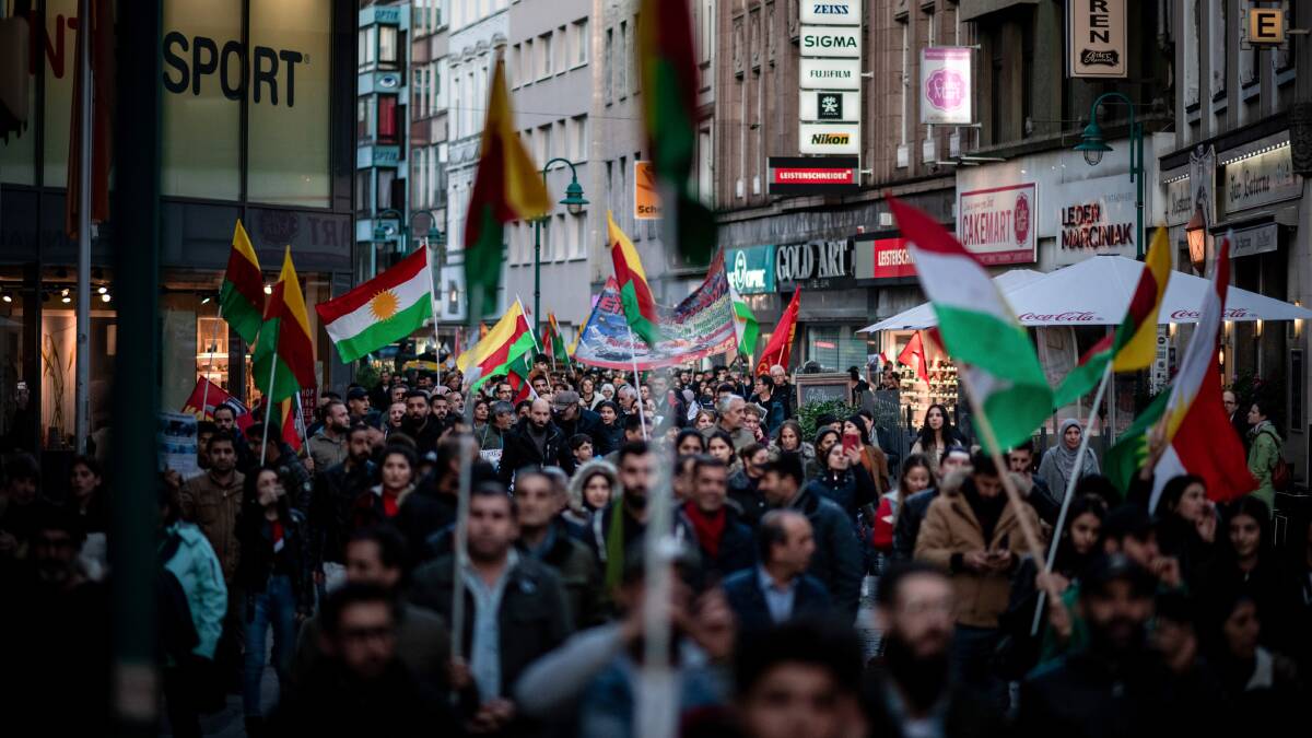 Kurds in Germany demonstrate against the Turkish invasion of Syria on Thursday. Picture: Getty Images