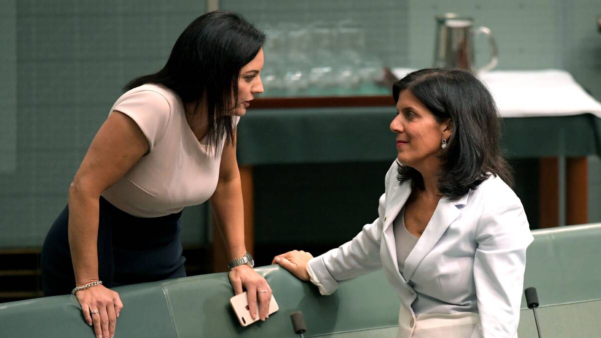Former Lindsay MP Emma Husar (left) speaks to former Chisholm MP Julia Banks in the House of Representatives in 2018. Picture: Getty Images