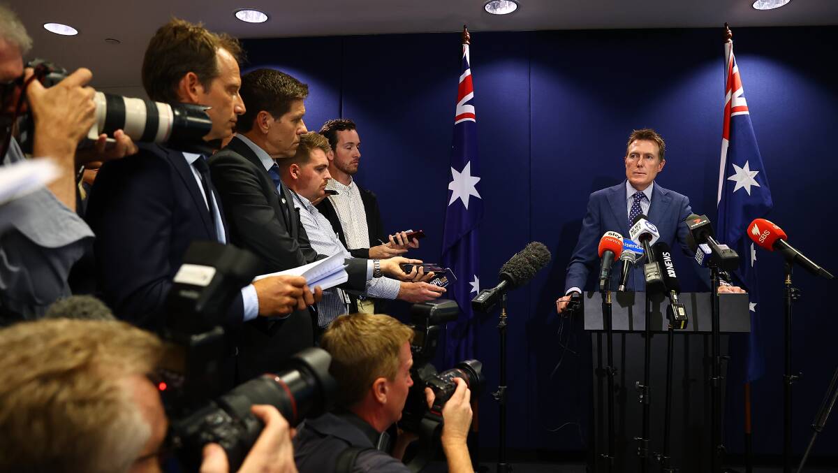Attorney-General Christian Porter addresses the media after denying a historical rape allegation from 1988. Picture: Getty Images