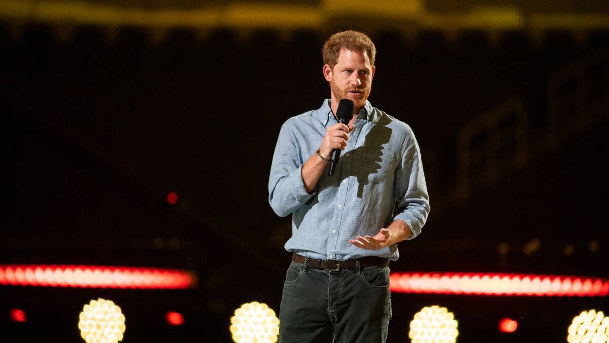 Prince Harry speaks at the Vax Live concert at SoFi stadium earlier this month. Picture: Getty Images