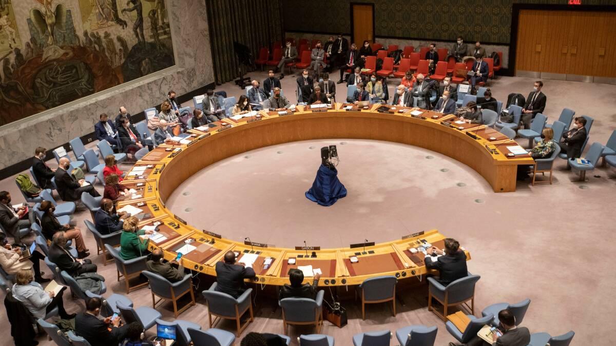 The UN Security Council emergency meeting on Ukraine at the UN headquarters in New York on Monday. Picture: Getty Images