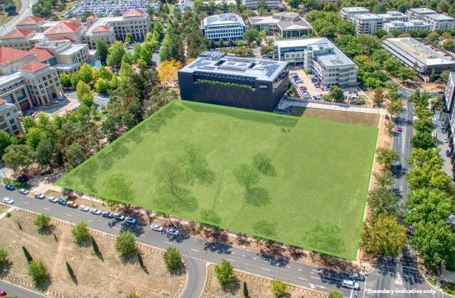 The Department of Finance is selling a large block of vacant land at the corner of Sydney Avenue and National Circuit in Barton. Photo: Deloitte Australia