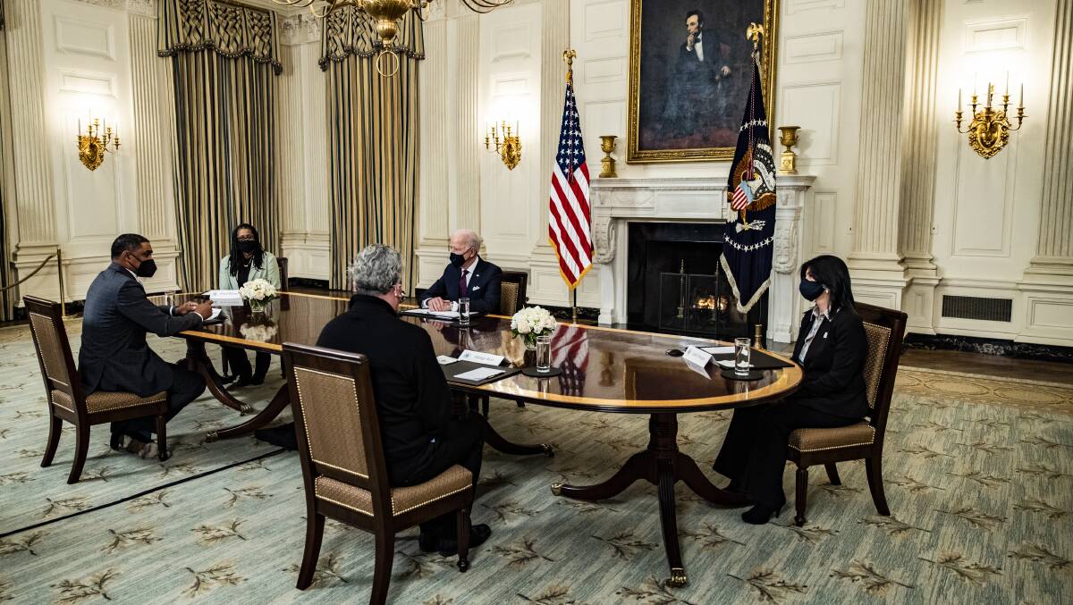 US President Joe Biden hosts a roundtable meeting with Americans set to benefit from COVID-19 pandemic relief cheques. Picture: Getty Images