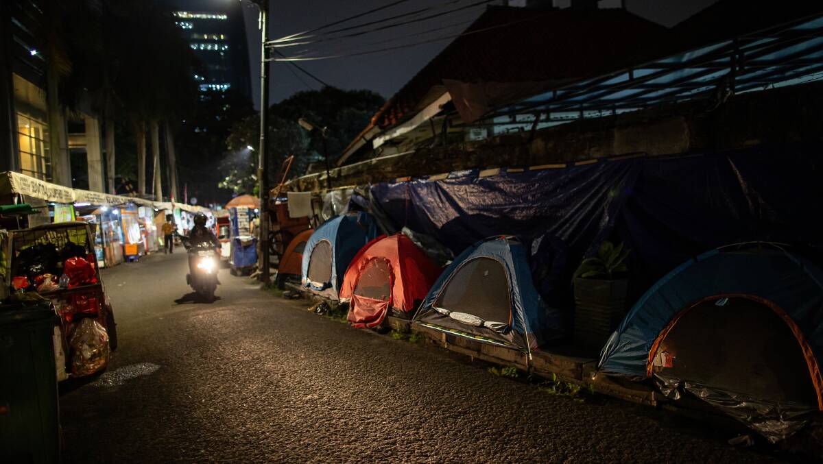 Tents of Afghan refugees on the roadside beside the United Nations High Commissioner for Refugees in Jakarta on August 27, 2021. Picture: Getty Images