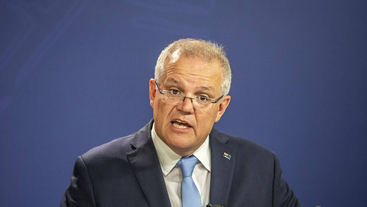 Prime Minsiter Scott Morrison at the press conference in Sydney on Thursday. Picture: Getty Images