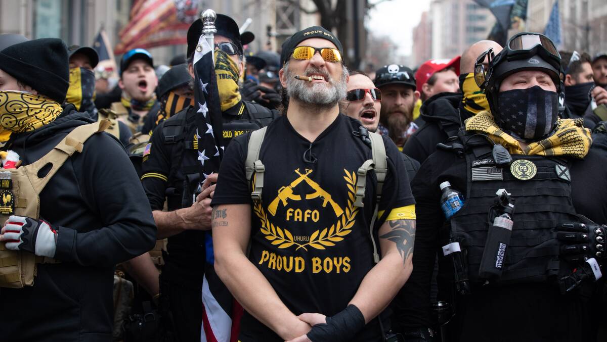 Proud Boys march in support of President Donald Trump in Washington, D.C. on Saturday. Picture: Getty Images