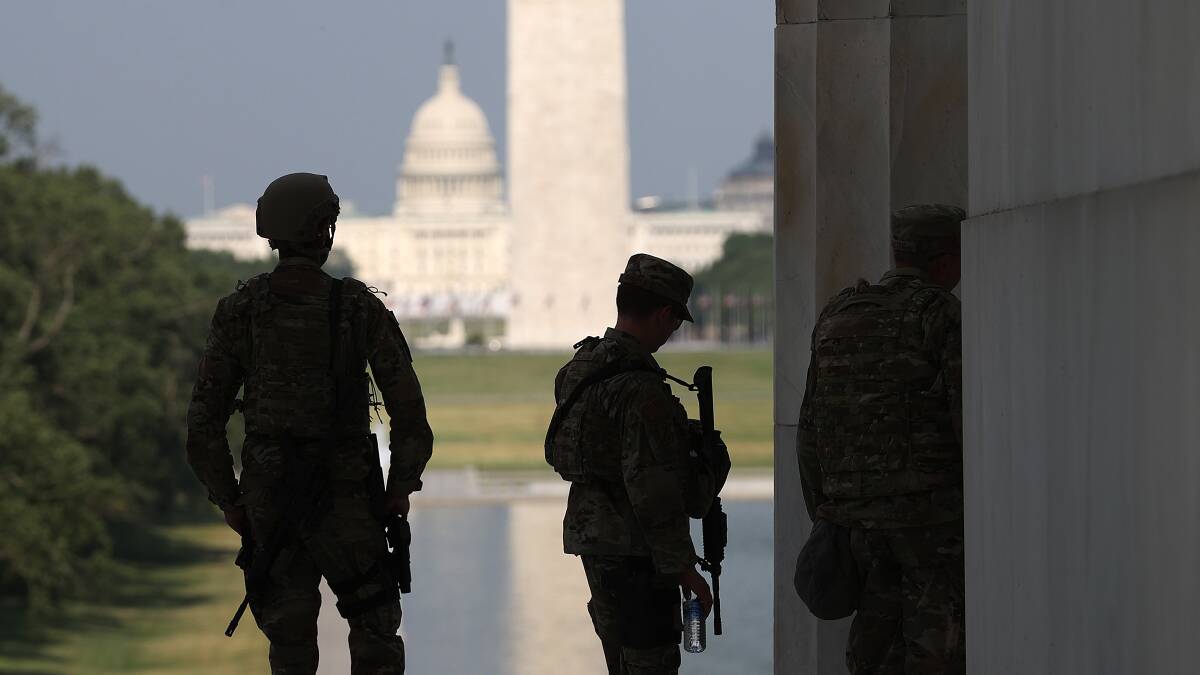 Members of the D.C. National Guard stationed at the Lincoln Memorial. Picture: Getty Images
