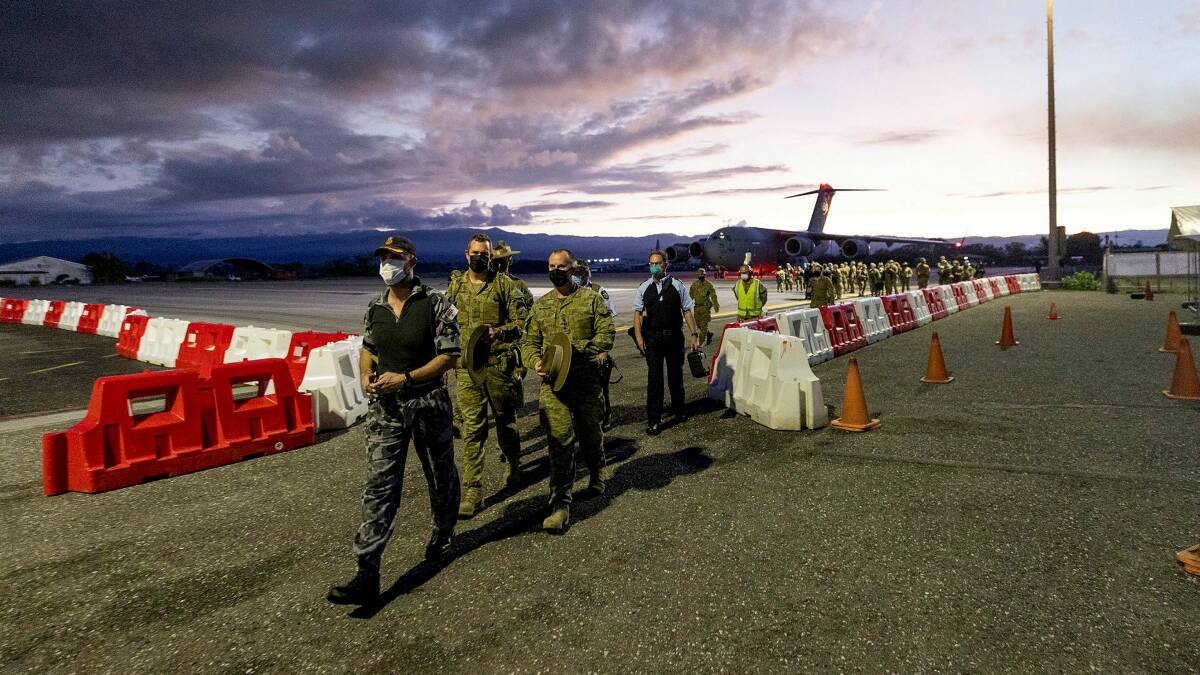 Australian personnel from Joint Task Group 637.3 touch down at Honiara Airport last Friday as part of Australia's assistance mission. Picture: Department of Defence
