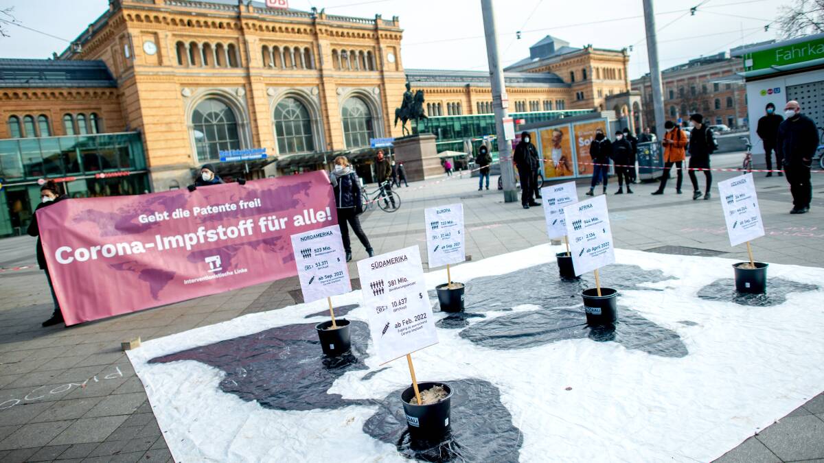 A demonstration in Germany demanding the lifting of patent protections on products and technologies needed to contain the COVID-19 pandemic. Picture: Getty Images