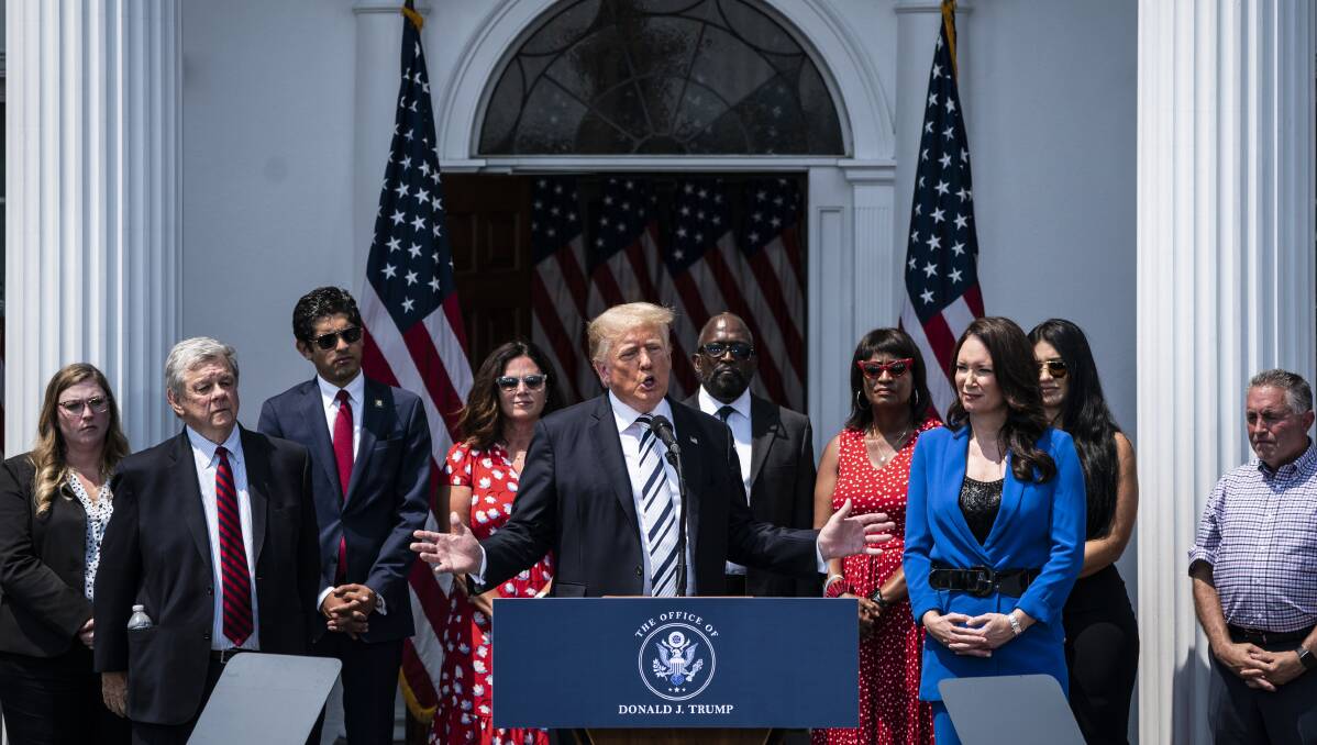 Former US president Donald Trump speaks about his class action lawsuit targeting Facebook, Google, Twitter and their CEOs. Picture: Getty Images