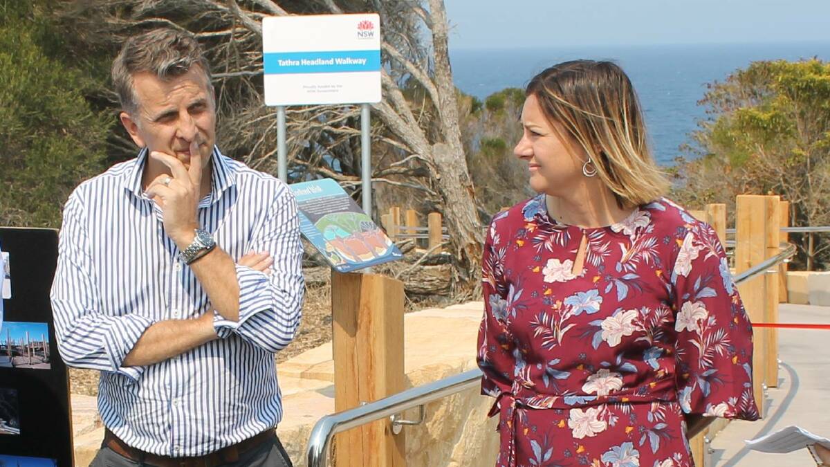 Andrew Constance and Kristy McBain in Tathra in 2019, in their capacities as Bega MP and Bega Valley Shire mayor. Picture: ACM