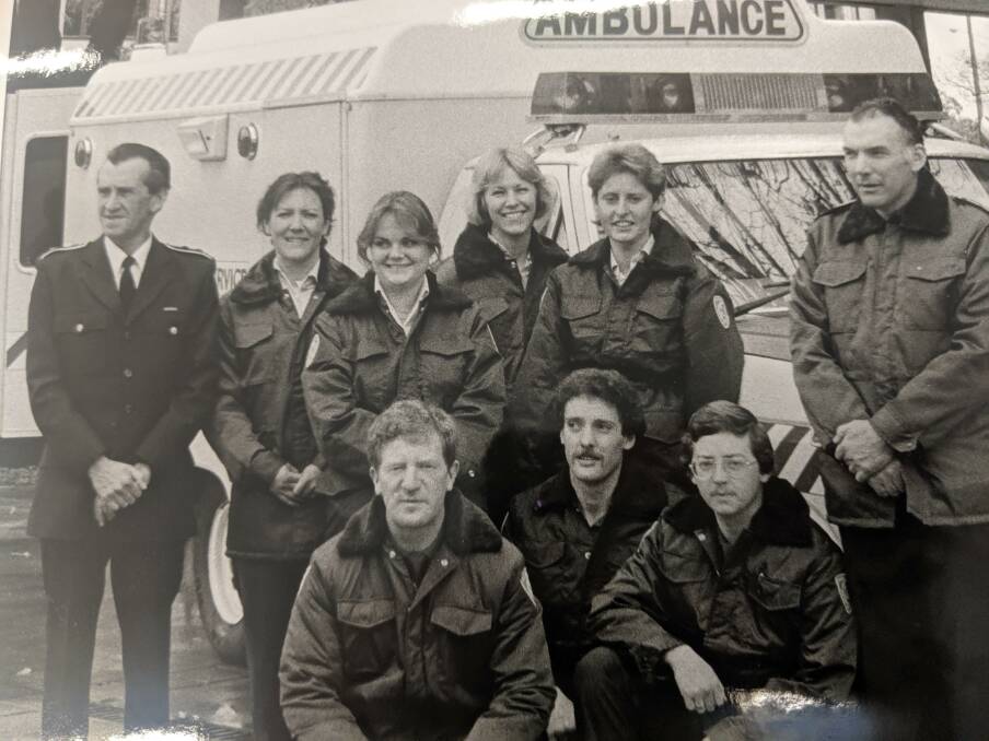 The first intake of women in the ACT Ambulance Service - Cathy Stephenson, Kim Yarra, Ingrid Mears and Cathy Csucsy - with their male colleagues in 1984.