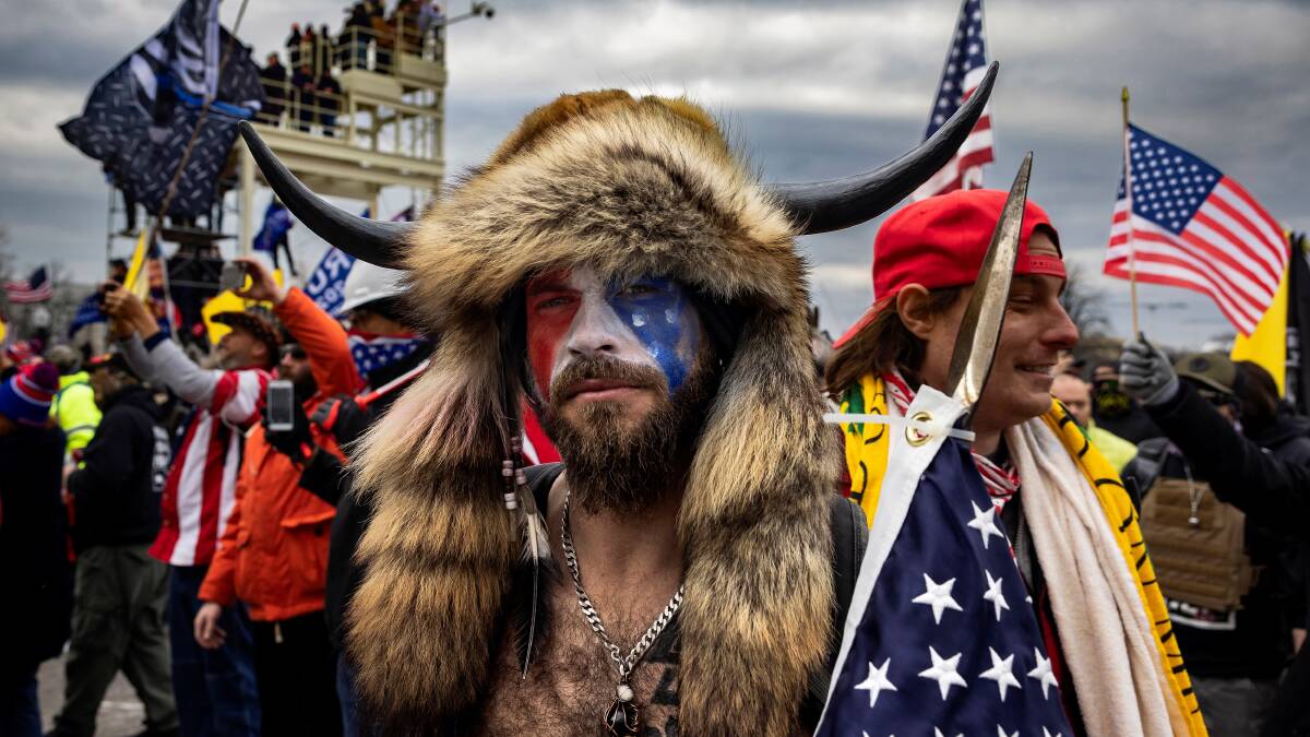 Jacob Anthony Angeli Chansley, known as the QAnon Shaman, is seen at the Capitol riots on January 6. Picture: Getty Images