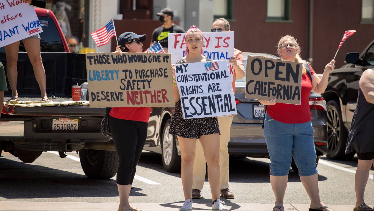 A protest to reopen businesses in Orange, California on April 27. Picture: Shutterstock