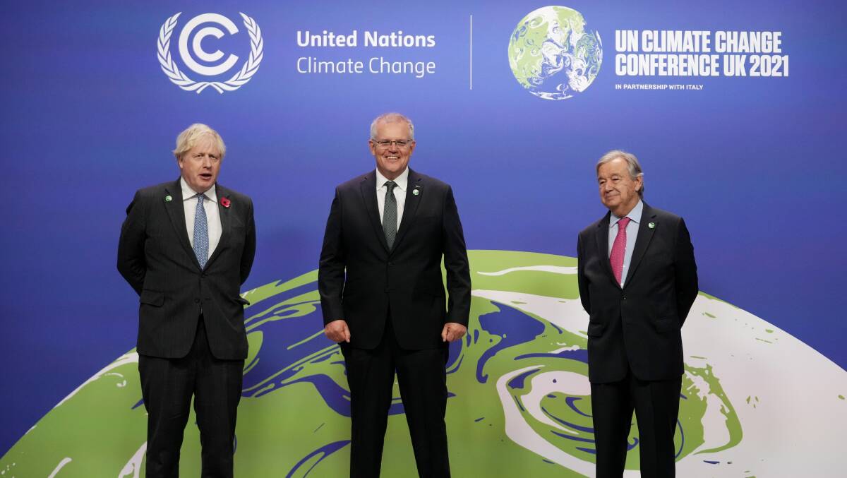 Prime Minister Scott Morrison (centre) at the COP26 summit in Glasgow. Picture: Getty Images