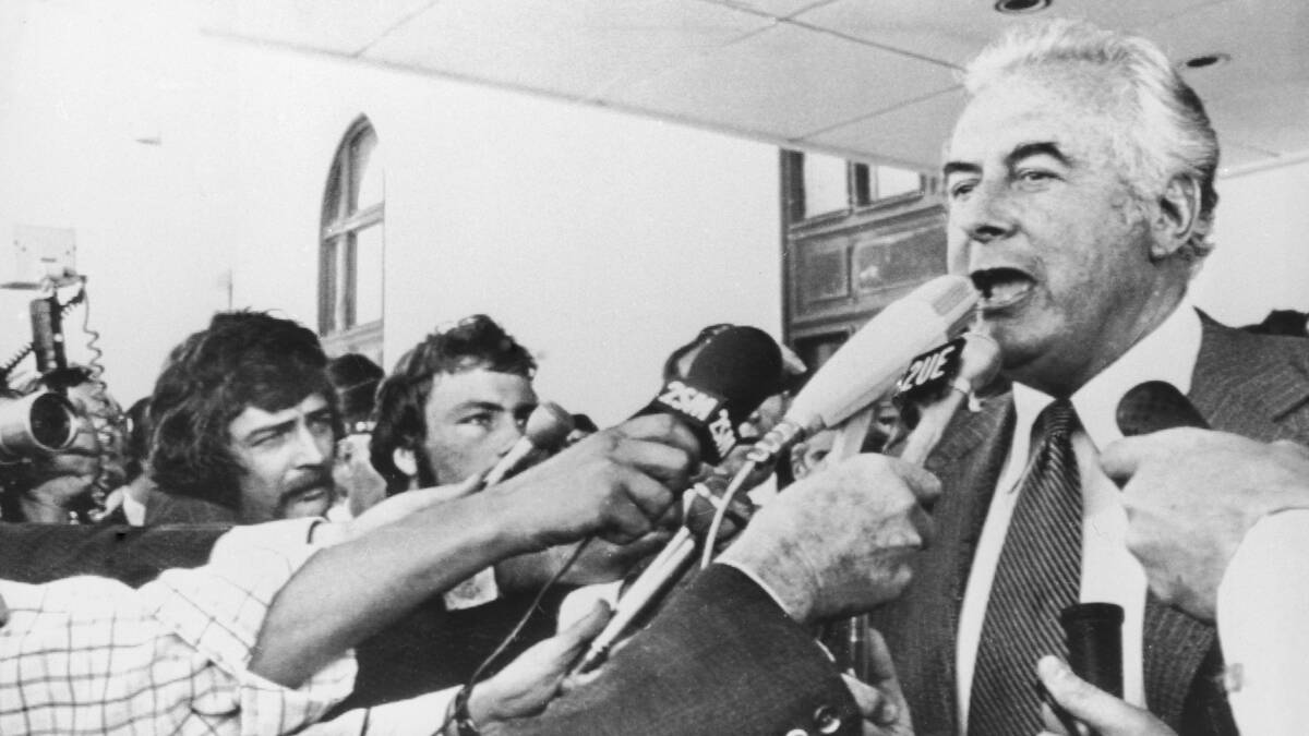 Prime Minister Gough Whitlam outside Parliament House following his dismissal by the Governor-General on November 11, 1975. Picture: Getty Images