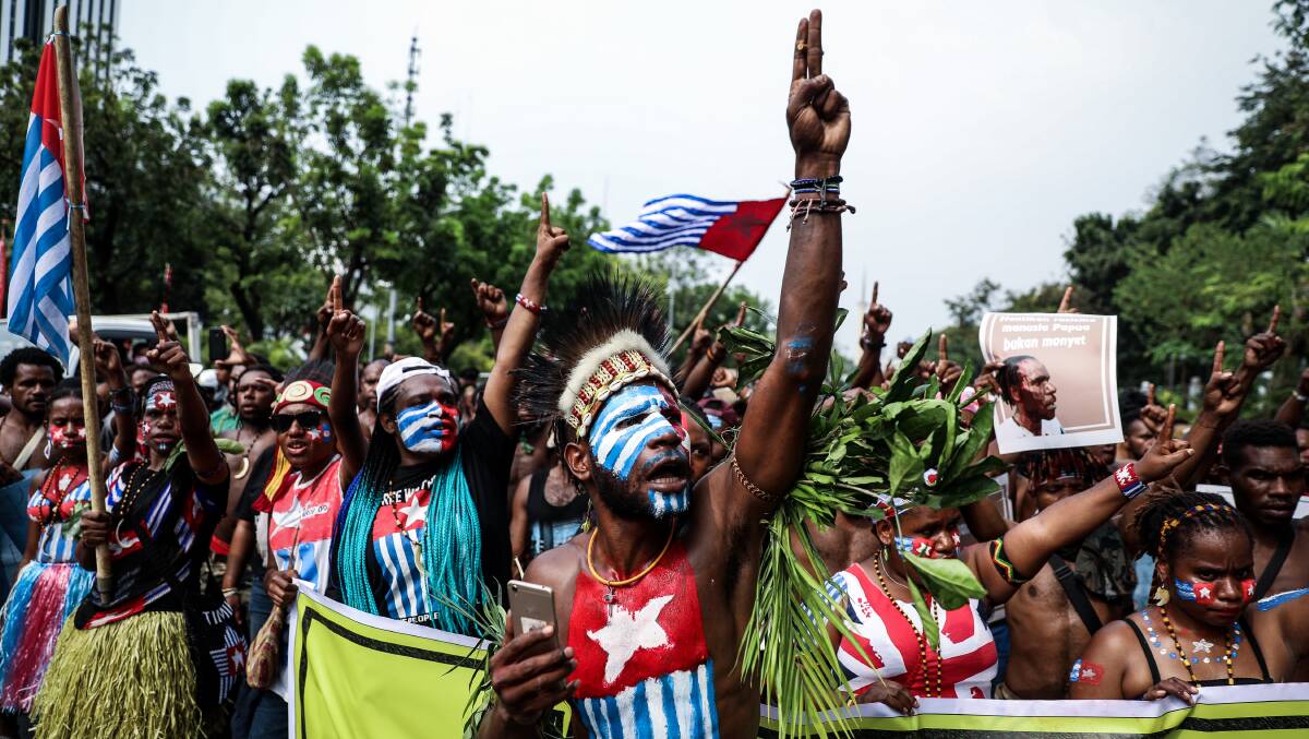 Papuan students shout slogans during a rally supporting West Papua's call for independence in Jakarta, Indonesia, on August 28, 2019. Picture: Getty Images
