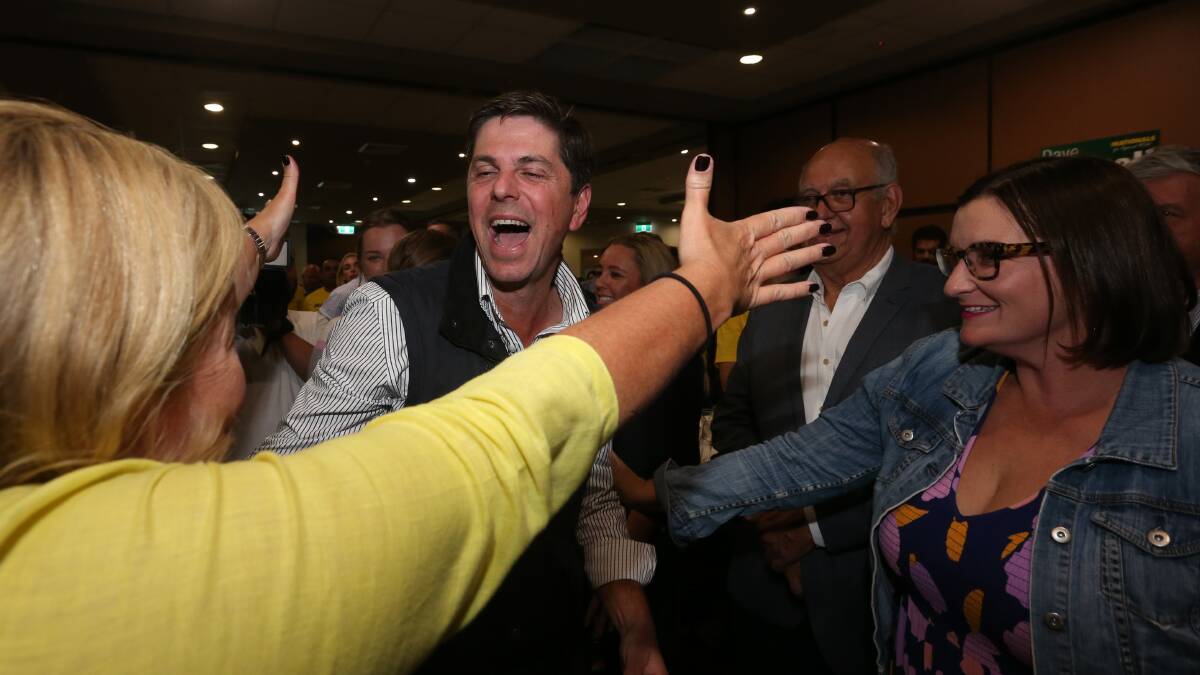 The Nationals' victorious candidate in the Upper Hunter byelection, Dave Layzell, arrives at his post-election party. Picture: Simone De Peak