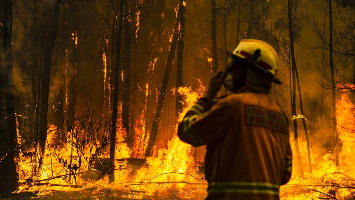 A NSW Rural Fire Service firefighter tackles the Currowan fire during the Black Summer bushfires. Picture: Dion Georgopoulos