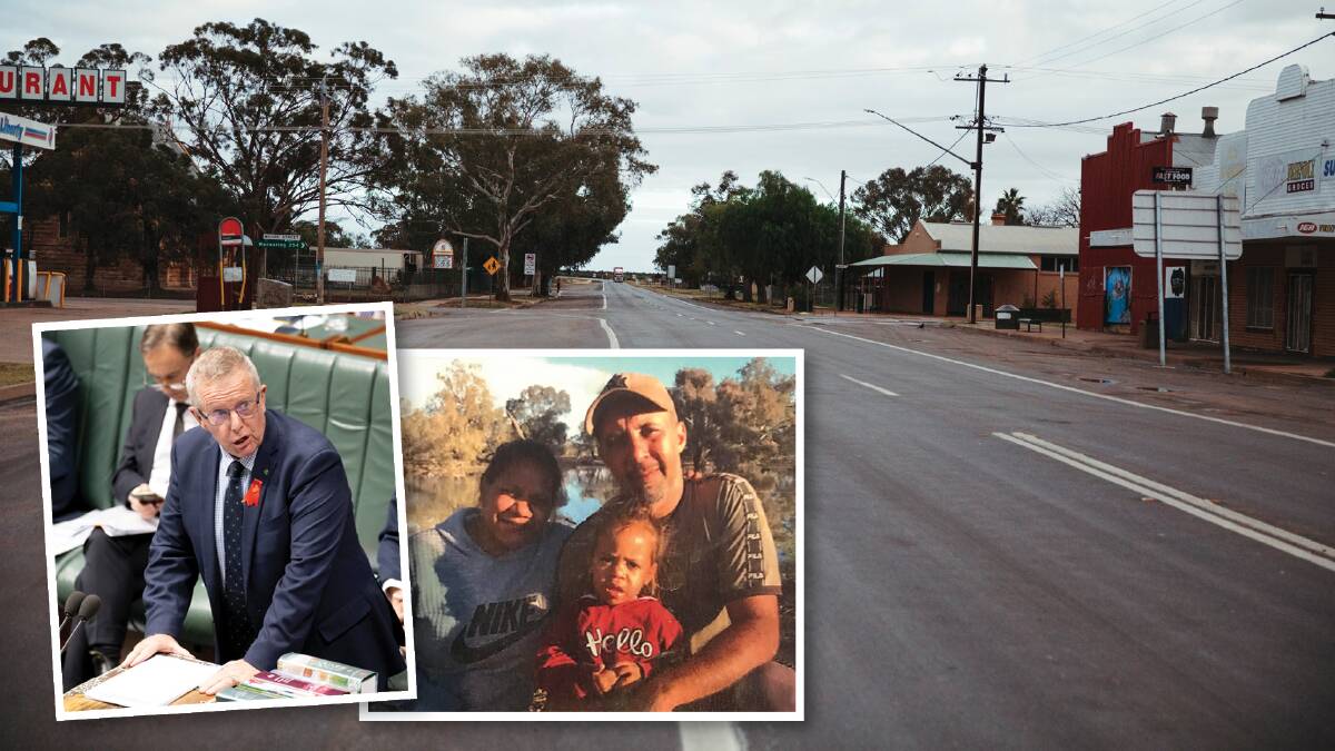 Wilcannia's main street. Inset: Parkes MP Mark Coulton and Wilcannia Aboriginal Land Council leader Michael Kennedy with his wife and one of their children. Pictures: Dion Georgopoulos, Sitthixay Ditthavong, Supplied