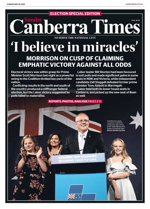 The Canberra Times reports Prime Minister Scott Morrison's May 18 re-election.