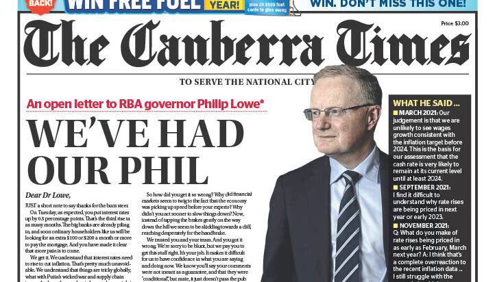 ACM's daily newspapers published an open letter to RBA boss Philip Lowe on behalf of hard-working Australians facing fast-rising mortgage repayments.